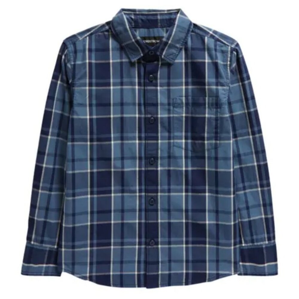 NWT NORDSTROM Kids' Plaid Check Poplin Button-Up Shirt Long Sleeve Boys 10-12 L